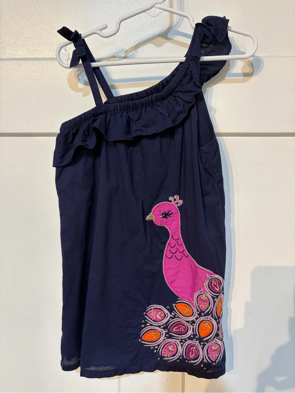 Gymboree Navy One-Shoulder Ruffle Dress with Pink Peacock